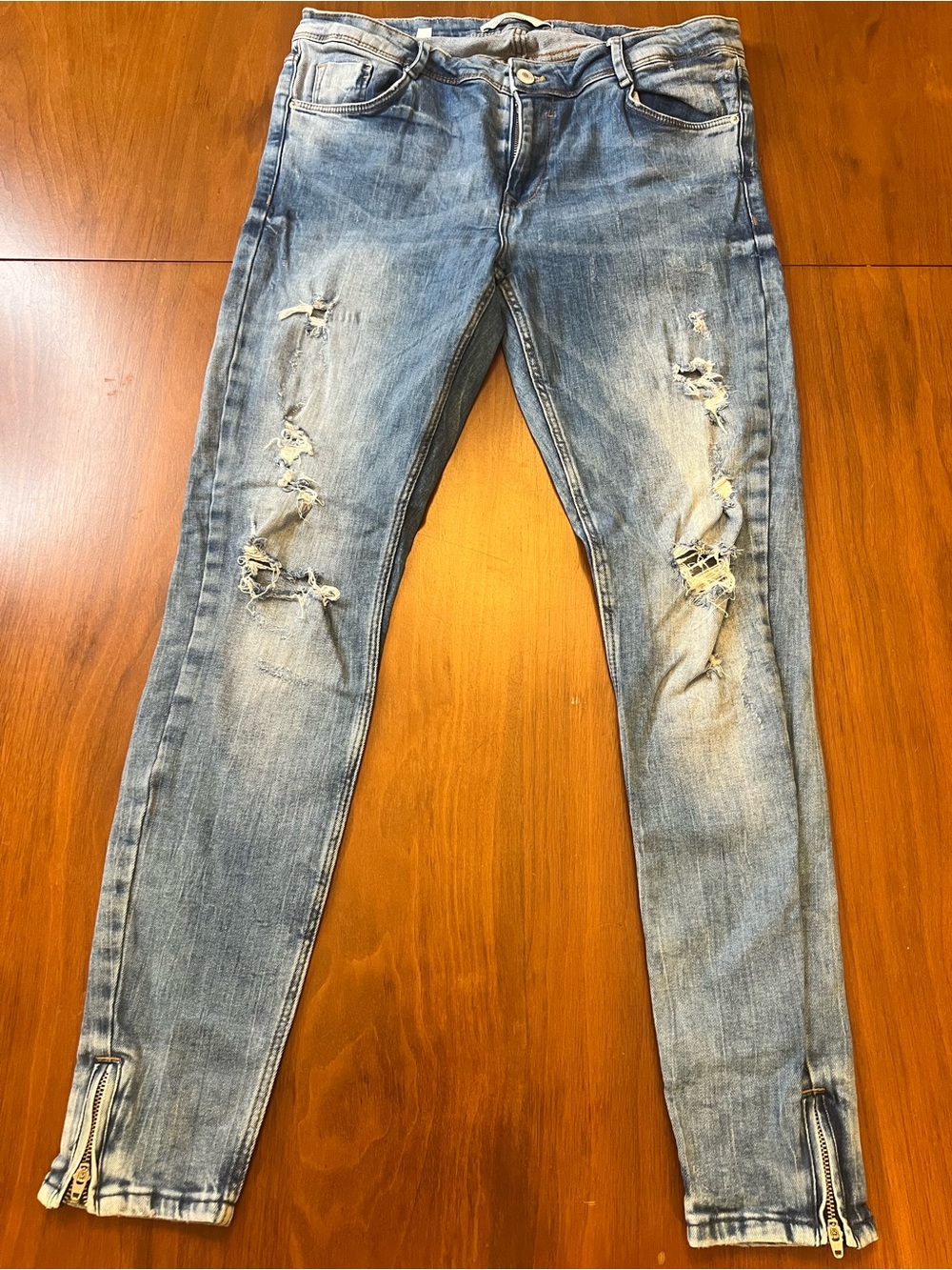 Zara Light Blue Distressed Skinny Jeans with Ankle Zippers